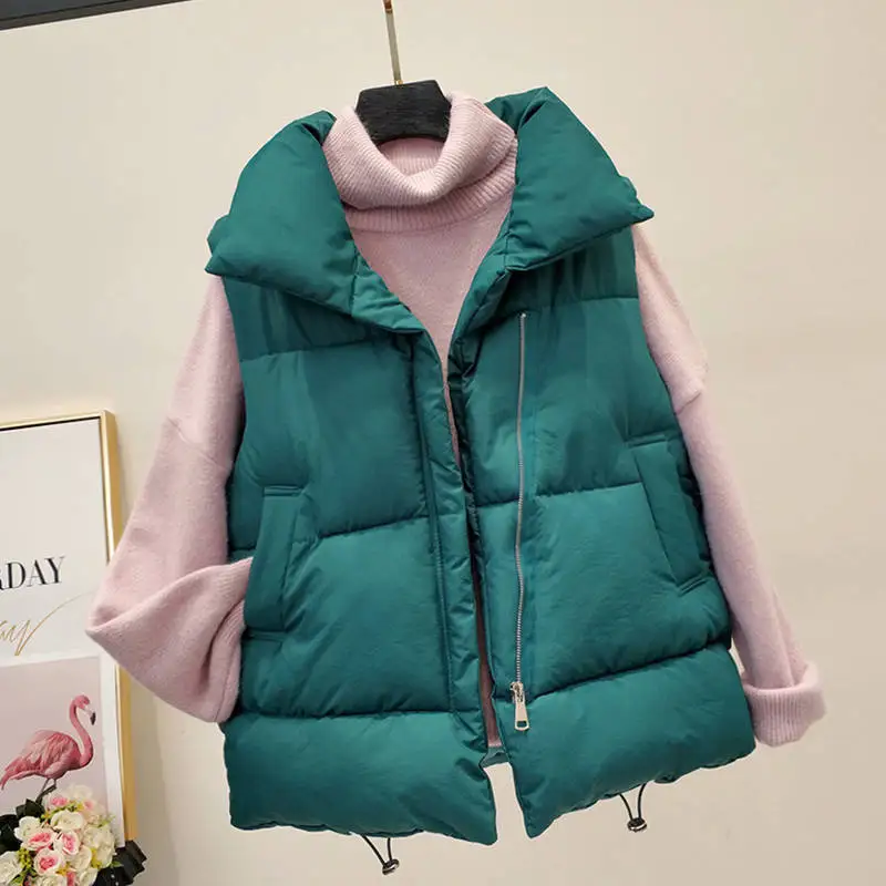 

Модное корейское пальто, короткий хлопковый жилет, Женская Толстая стеганая куртка без рукавов, Милая свободная Зеленая зимняя жилетка для ...