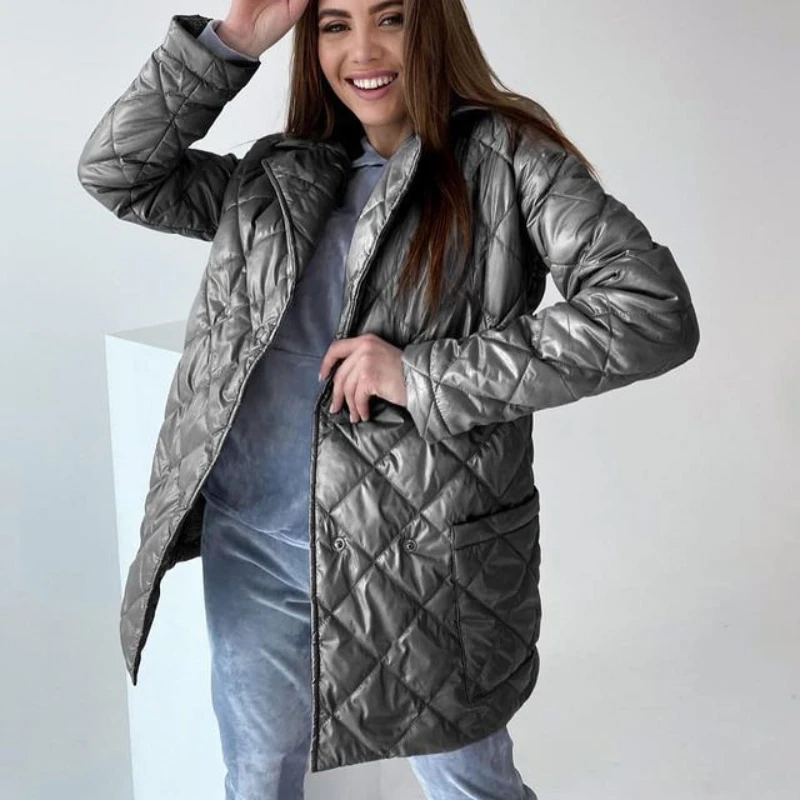 

Женская двубортная куртка на шнуровке, однотонная хлопковая куртка в клетку, с воротником-костюмом, осень 2021