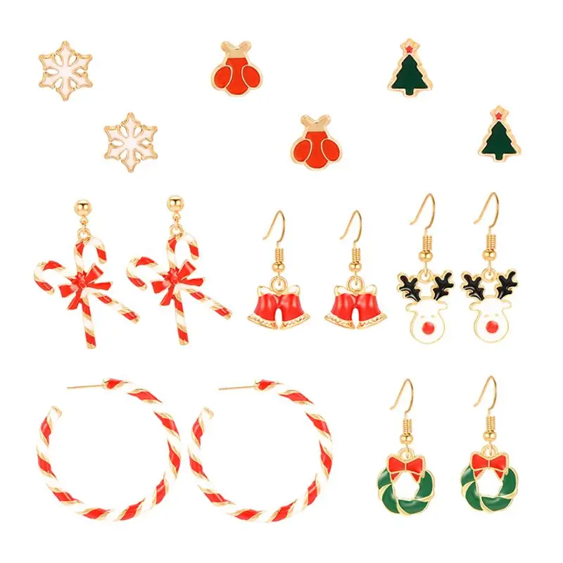 

9 Pairs Women Christmas Earring Studs Christmas Gifts for Girls Holiday Jewelry X-max Christmas Tree Deer Jewelry