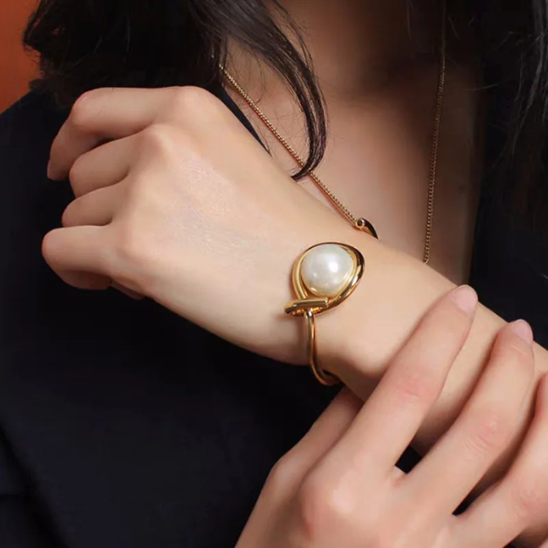 

2020 fashion jewelry gold plated pearl bangle cuff adjustable bracelet for women best gift