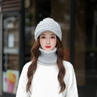 new winter pompom hat and scarf set for women girls plus velvet warm caps female winter casual thick knitted hats 2 pieces set