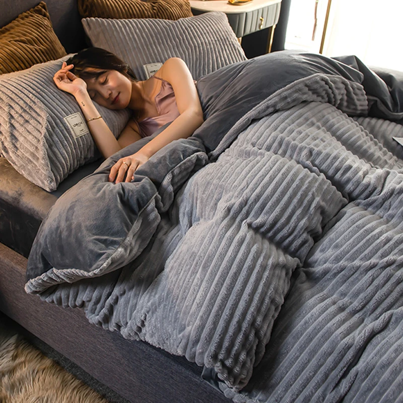 

Magic Velvet Bedding Set Winter Warm Solid Color Quilt Duvet Cover Gray Wine Red Simple Luxury Full Size 150 180 200 220 230 240