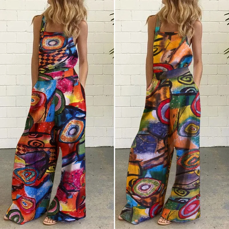 

Printed Jumpsuit Women Fashion Wide-leg Pants Pocket 2021 Summer Clothing Casual Loose Streetwear Jump Suit Clubwear Overalls