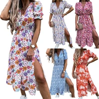 spring and summer new womens dresses european and american fashion v neck short sleeve stitching dress autumn floral dress