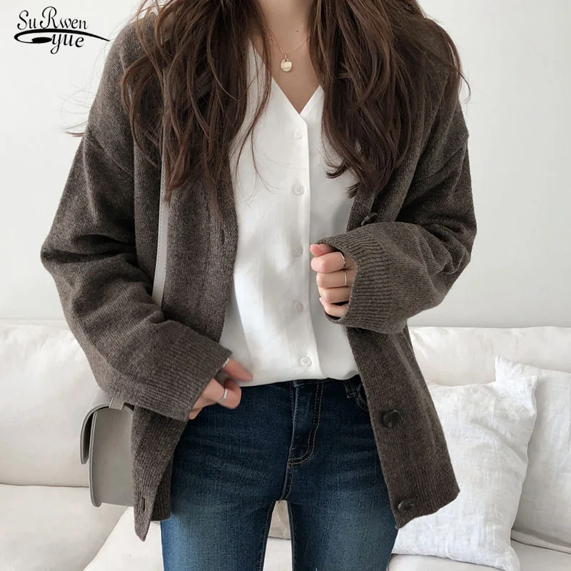 

Autumn Winter 2021 New Korean V Neck Khaki Sweater for Girls Soft Knitted Cardigan Women Chic Oversized Ladies Clothes 17396