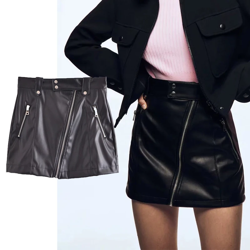 

2021 Autumn ZA PU Leather Solid Skirt Women New Sexy High Waist Mini Street Office Skirt Straight Zipper Club Skirt