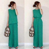 two piece sets sleeveless top high waisted wide leg pants korea japan chic office ladies green matching outfits 2pc suit t shirt