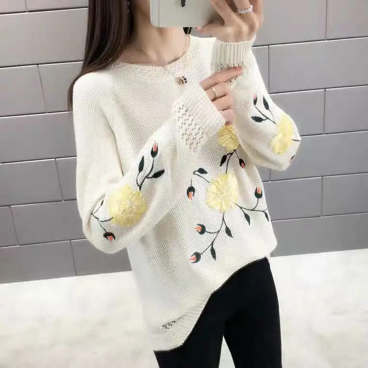 beige Dingaozlz Новые повседневные трикотажные рубашки открытые женские Топы Круглый трикотажный кардиган цветы пуловер с вышивкой свитер - Цвет: beige