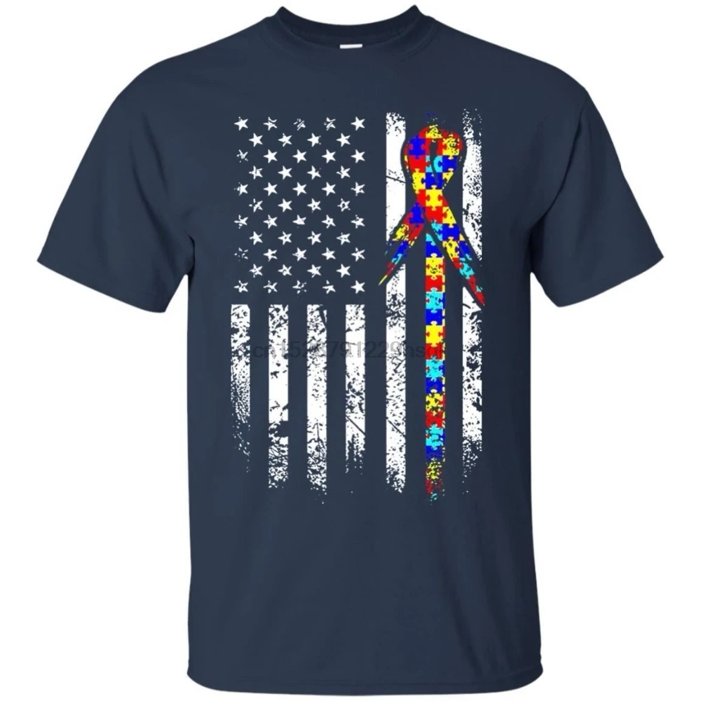 

Autism Awareness American Flag Distress Puzzle Autism Tshirt Homme New Sleeve Harajuku Tops Band Shirts