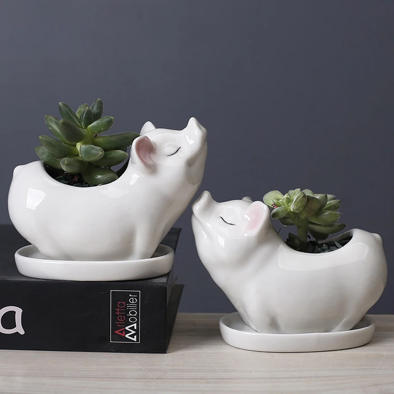

Creative Ceramic Pig Flower Pots Animal Succulent FlowerPot Gardening Supplies White Planters Plant vasr Desktop Decorate Crafts