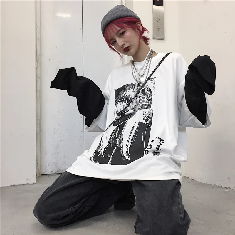 Lychee Harajuku Лоскутные Поддельные 2 шт. женские футболки темная японская девушка печать Осенняя женская футболка с длинным рукавом женская футболка
