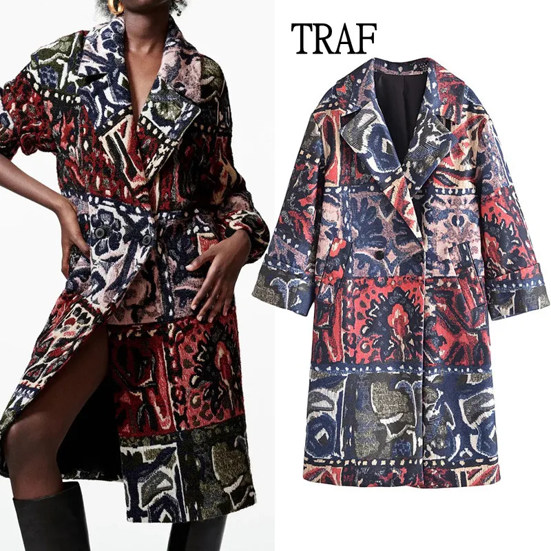 

TRAF Women Coat 2021 Autumn Winter Vintage Jacquard Loose Long Sleeve Women Jacket Casual Warm Female Outerwear Chic Tops