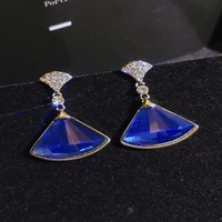 luxury sparkling blue crystal zircon rhinestone dangle earrings for women girl geometric sector fanshaped earrings party jewelry