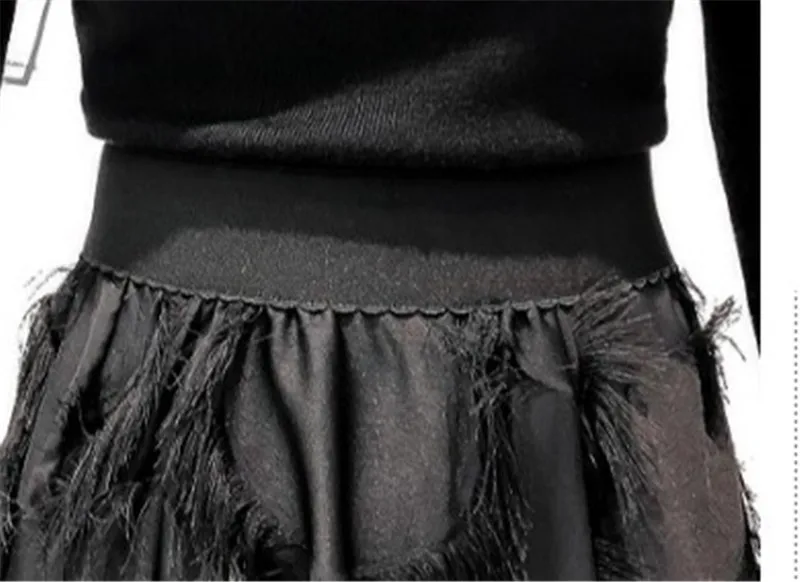 

CBAFU spring autumn black elegant 2 piece set women tassel long skirt big swing elastic long sleeve knitted tops casual M250