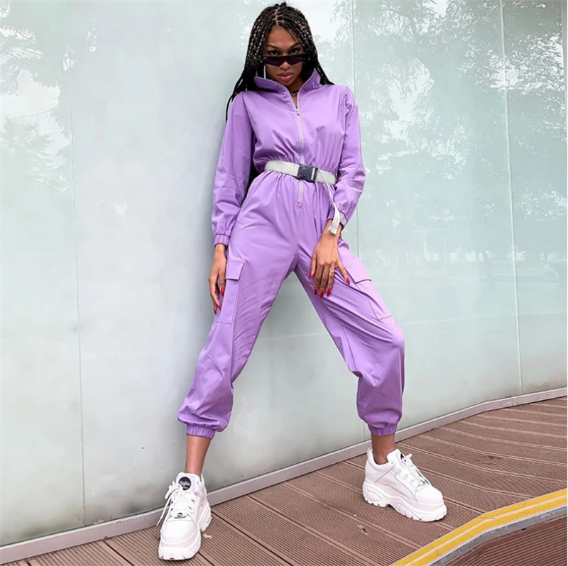 

Hirigin Spring Women Safari Fashion Long Sleeve Purple Cargo Pants Jumpsuits Sets Hip Hop Cool Streetwear Clothing
