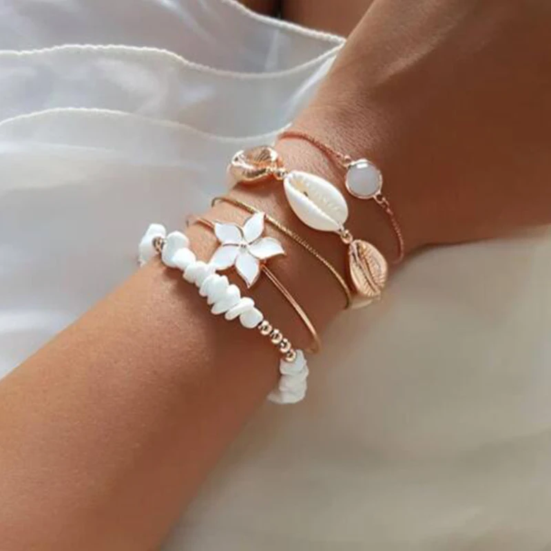 

New Punk Boho Leaf Shell Circles Bracelet Set for Women Gold Color Flower Chain Tassel Geometric Charm Bangles Stacked Jewelry