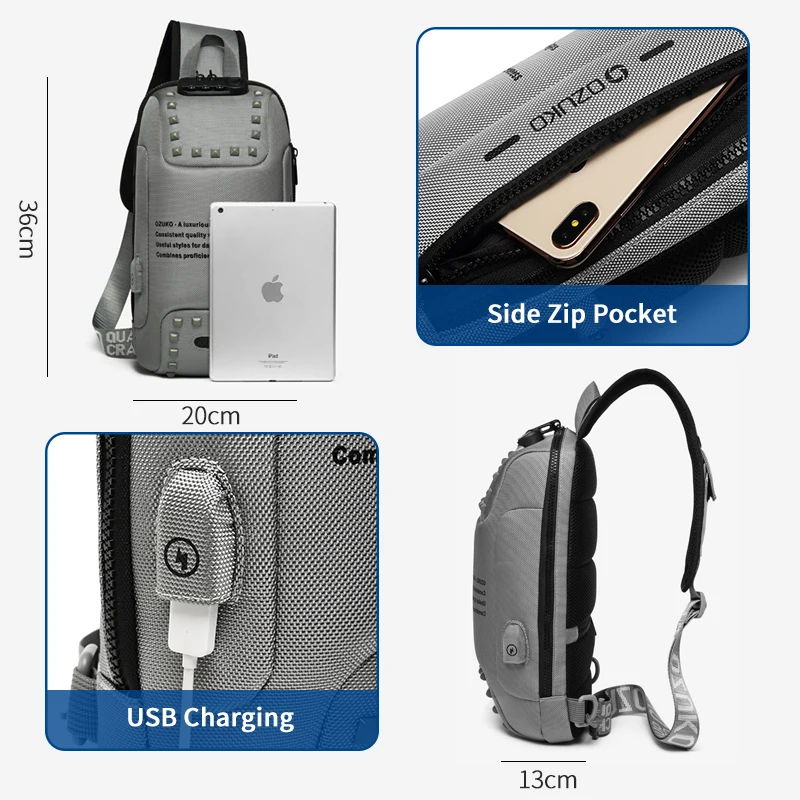 Нагрудная сумка ABAY мужская с заклепками, модная многофункциональная Водонепроницаемая Сумочка через плечо с USB-зарядкой и защитой от кражи ... от AliExpress RU&CIS NEW