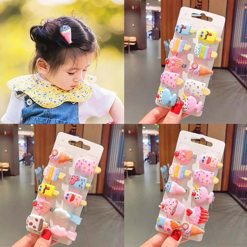 

10Pcs/Set Candy Color Ice Cream Hairpin Headdress For Girl Children Unicorn Fruit Flower Hair Clip Kids Cartoon Hair Accessories
