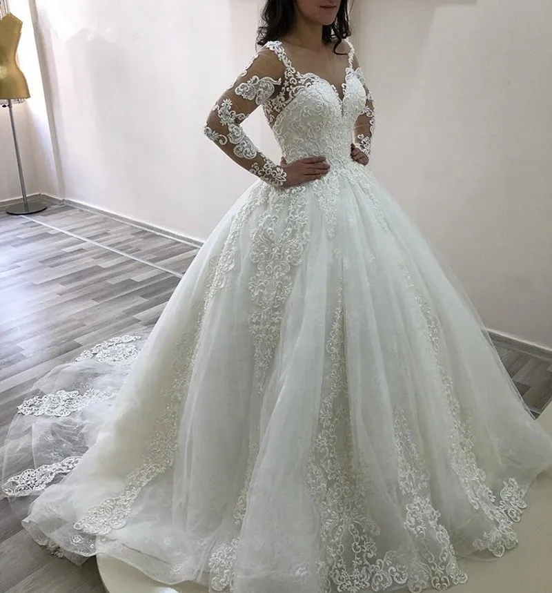 

V-Neck Long Sleeves Lace Up Back Court Train Lace Applique Princess Ball Gown Wedding Dresses Lace Bride Gowns Bridal Gowns