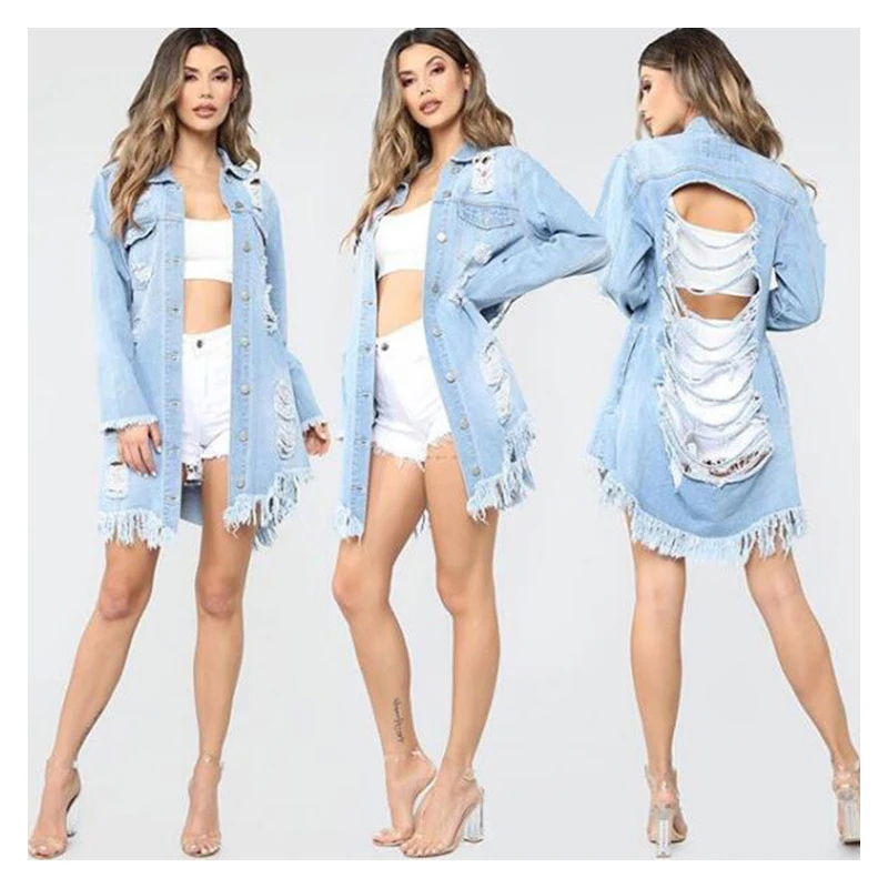 

Women's Basic Coat Holes Baggy Denim Jacket Long Sleeve Loose Shirt Ripped Tearing Outwear Winter New Denim Jacket For Women
