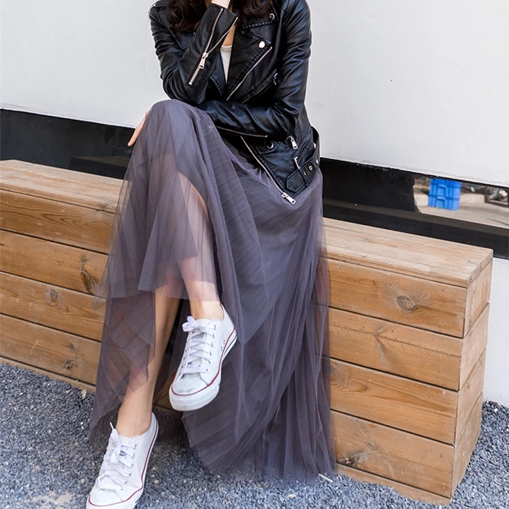 Плиссированная фатиновая юбка TingYiLi черная бордовая фиолетовая серая зеленая