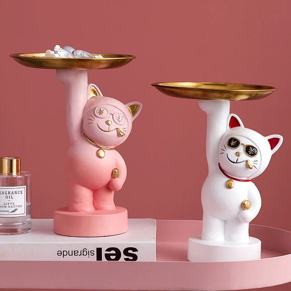 

Decorative Tray Cat Sculpture Home Decoration Accessories Living Room Decoration Animal Model Resin Statues Christmas Decor Gift