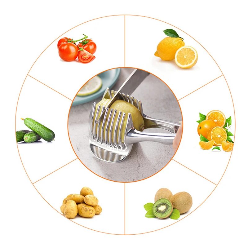 

Kitchen Gadgets Handy Stainless Steel Onion Holder Potato Tomato Slicer Vegetable Fruit Cutter Safety Cooking Tools Accessories