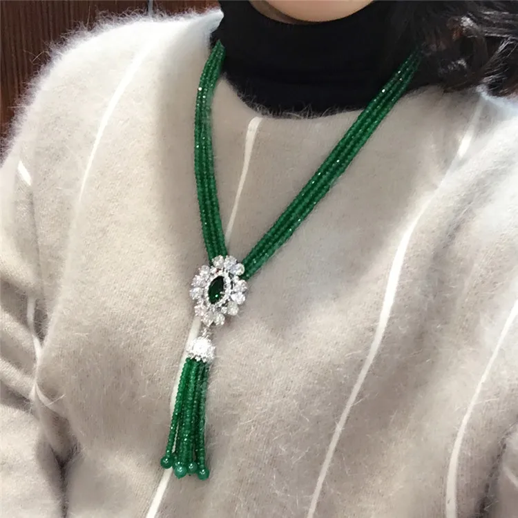 

HOT sell design Micro/zircon 4*6mm green beads tassel fashion necklace Sweater chain 50cm