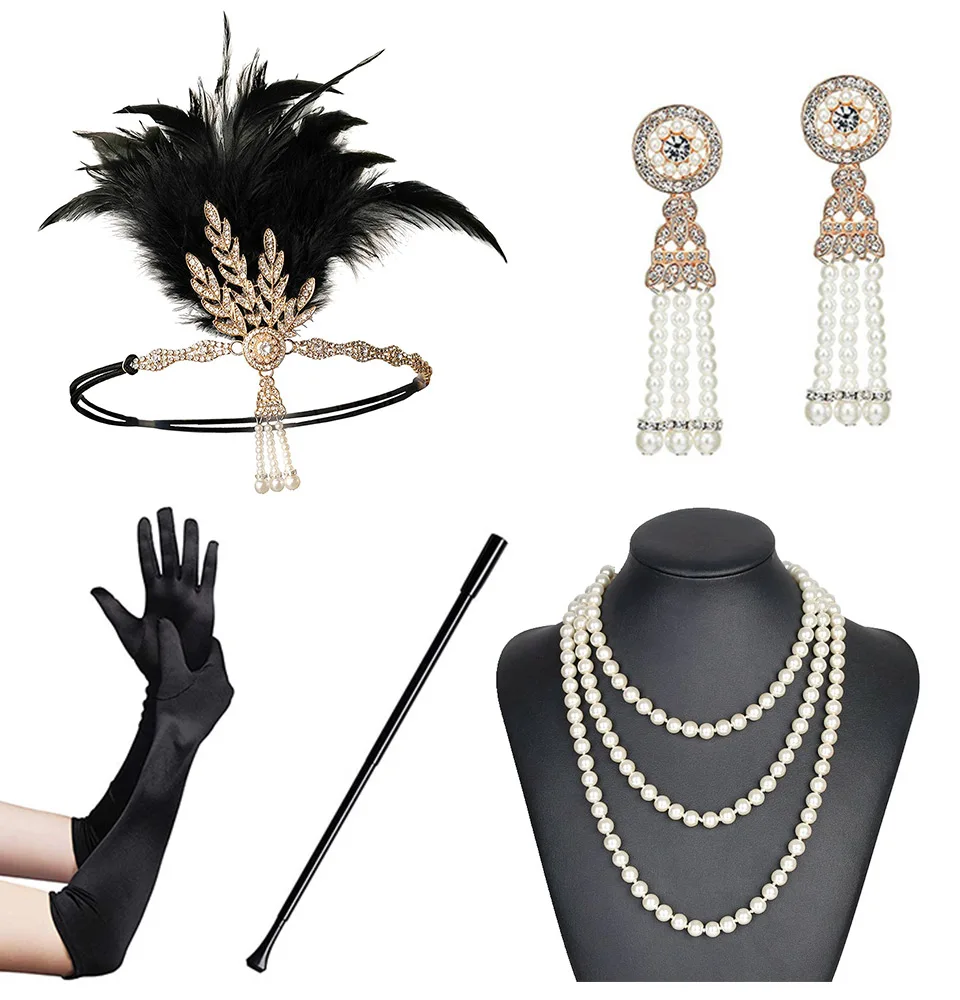 Set a 1920s Хлопушка повязка на голову Ревущие 20s аксессуары Great Gatsby вечерние свадебные головные уборы аксессуары для волос - Цвет: Set a