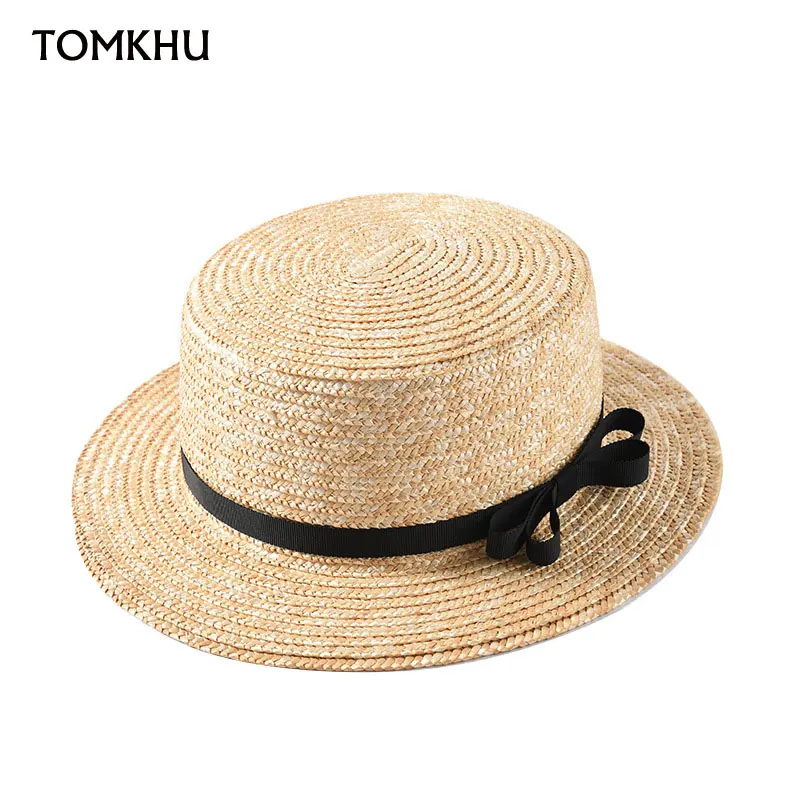 Classical Women Summer Hat Ribbon Bowknot Straw Flat Top Sun For Ladies Fedoras Boater Derby Chapeu Feminino Beach Caps | Аксессуары для