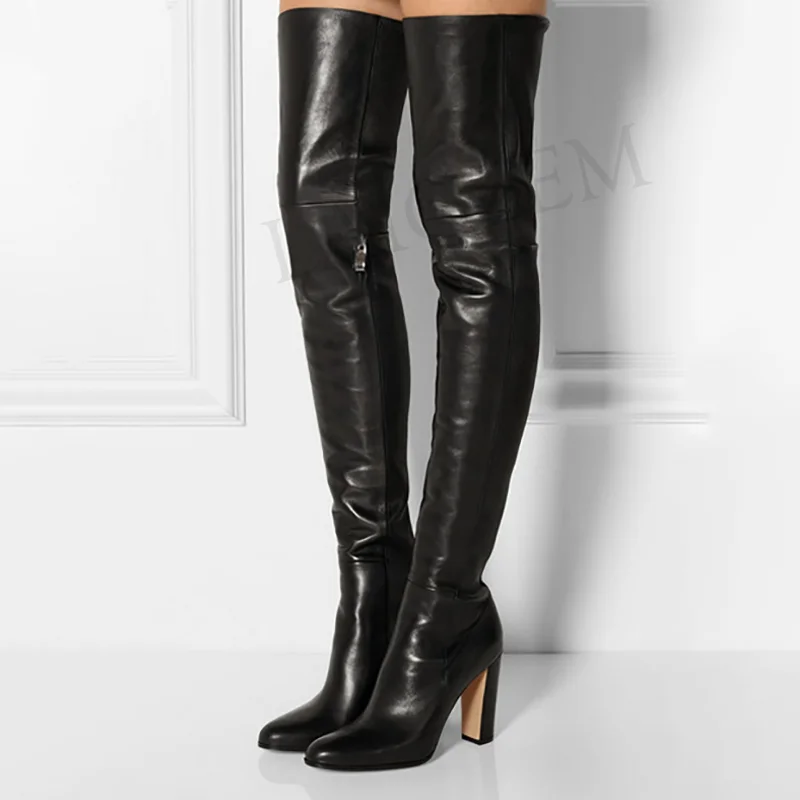 LAIGZEM/женские зимние сапоги до бедра с молнией сбоку на массивном каблуке вечерние