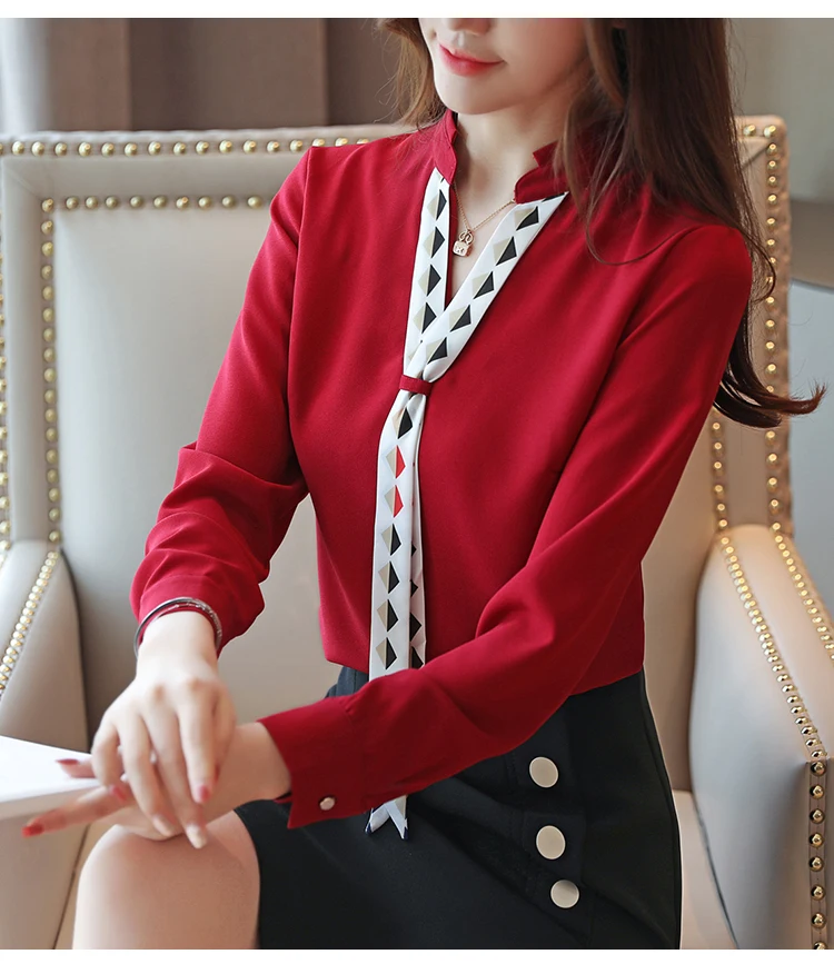 Dingaozlz blusa feminina Elegant Chiffon shirt Long sleeve Ladies blouse Red White Office lady shirt Patchwork Women Tops