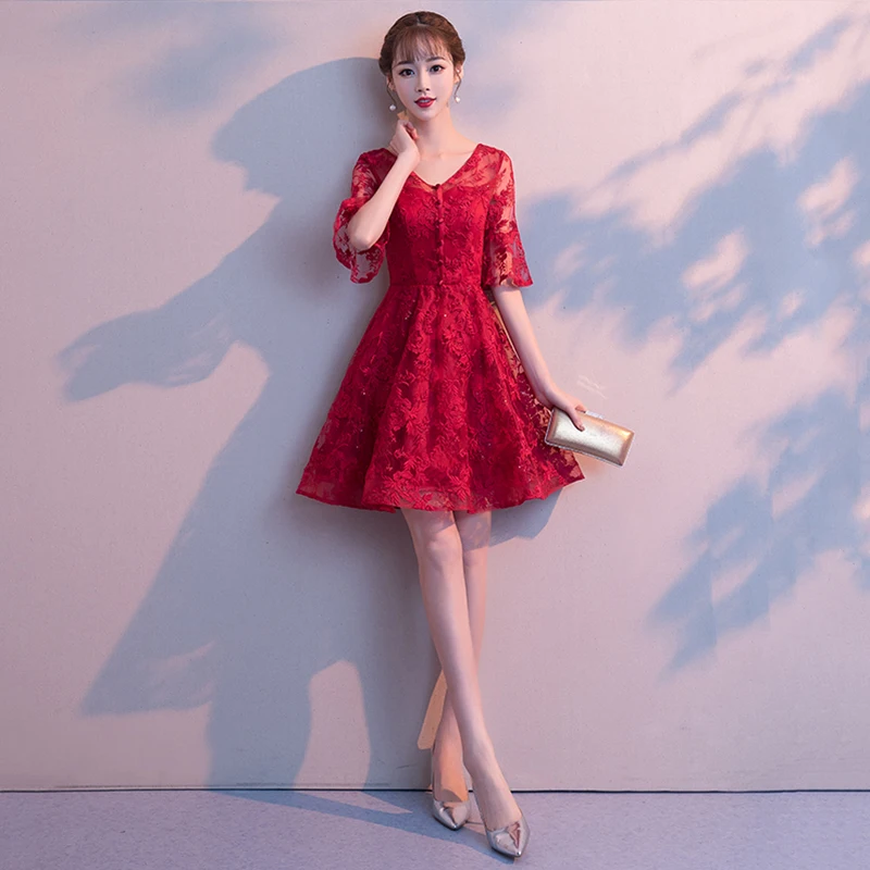 

Бордовые Короткие коктейльные платья а-силуэта с v-образным вырезом и рукавом до локтя, сексуальные кружевные вечерние платья Vestidos De Coctel 2020