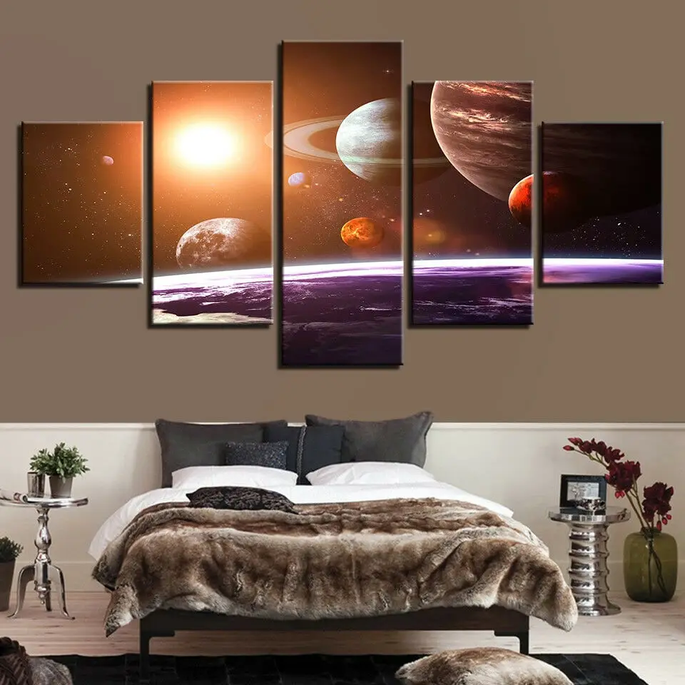 

5 Piece Planets Space Universe Stars Sun Painting Wall Art Print Home Decor HD Pictures 5 Panel Poster No Framed Paintings