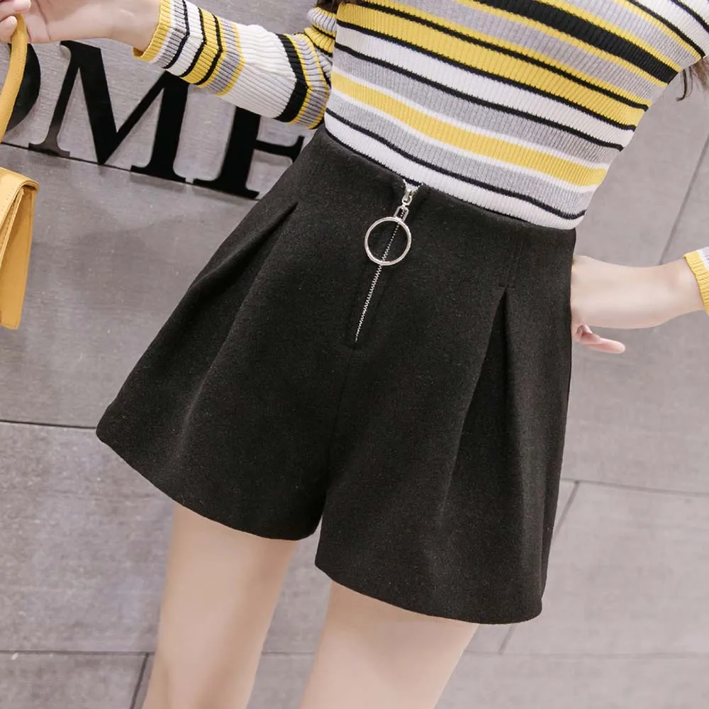 Осенне зимние женские шерстяные шорты повседневные с поясом прямые