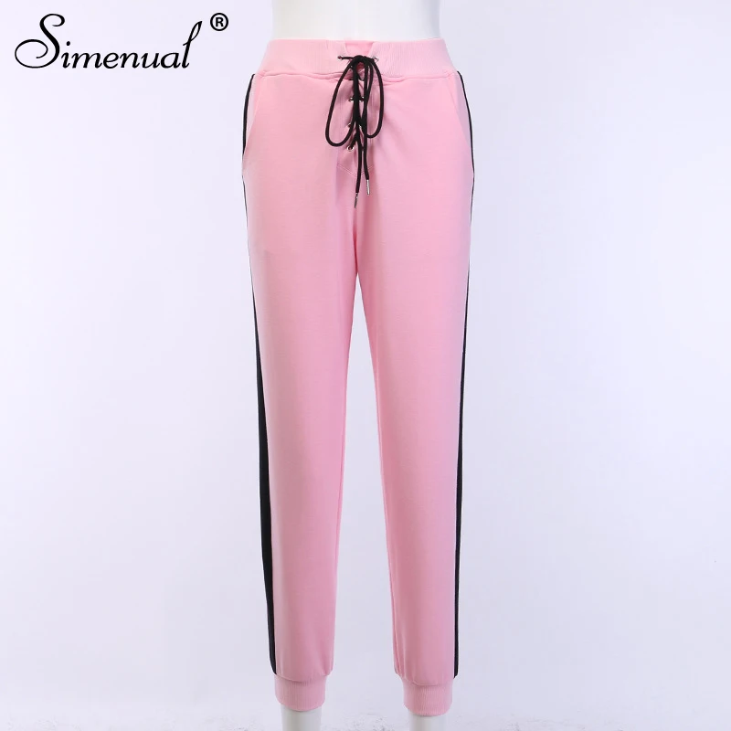 pink Simenual, повседневные спортивные однотонные женские спортивные штаны, модные штаны с боковой полоской и завязками, штаны для тренировок и активного отдыха, обтягивающие розовые брюки-карандаш - Цвет: pink