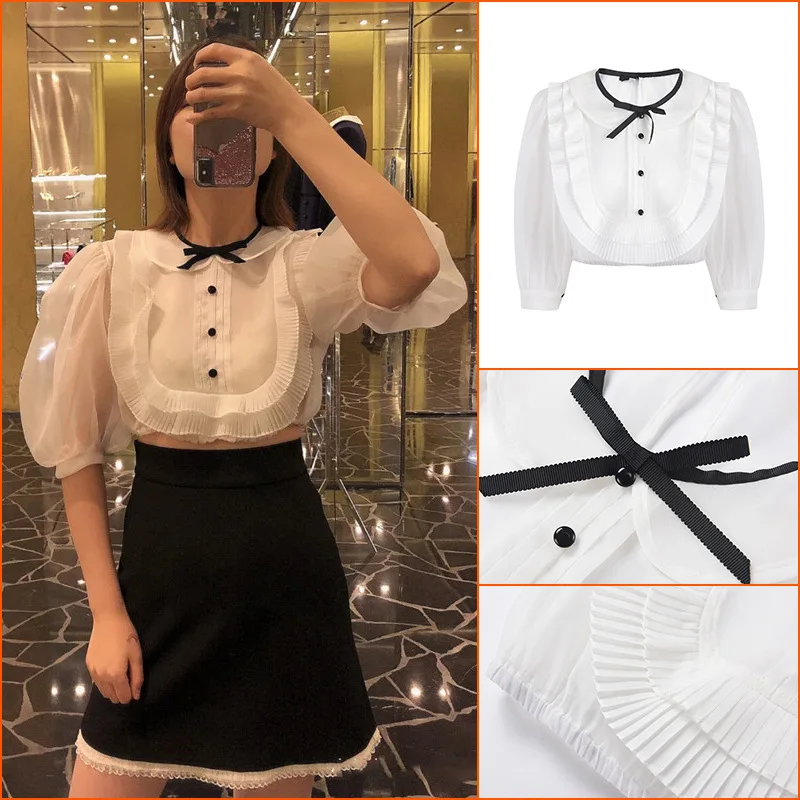 

clothes New summer Miao family French style lady wind silk chiffon shirt white temperament baby collar shirt women's dress