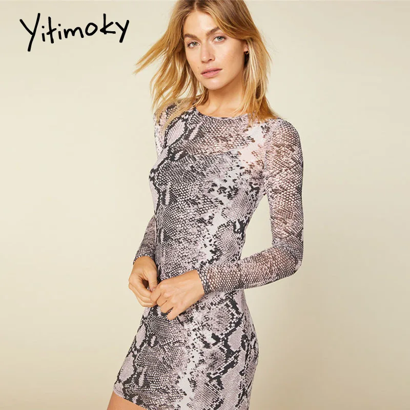 Змеиный принт облегающее платье с длинным рукавом сексуальное мини размера плюс