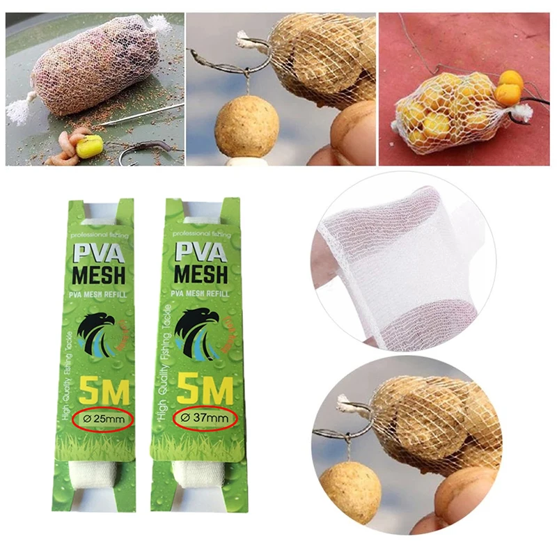 

Hot Sale 5PCS Fishing Net Soluble Net Carp Fishing Tackle Accessories 5M 25/37mm PVA Mesh Refill Bait Feeder Bait Bag Net