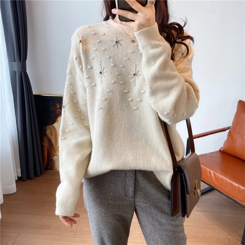 

Круглый ручной работы из бисера шеи шерсть свободные мягкие пуловер свитер для женщин осень-зима женские свитера