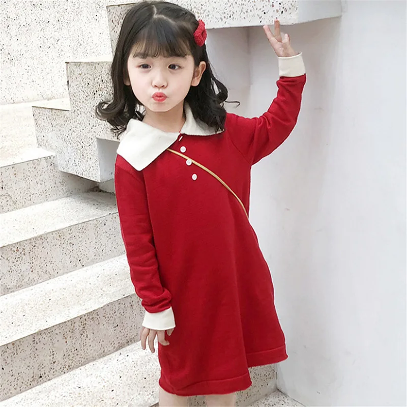

WLG boutique kids clothing girls knitted dress baby autumn peter pan collar long sleeve red dresses