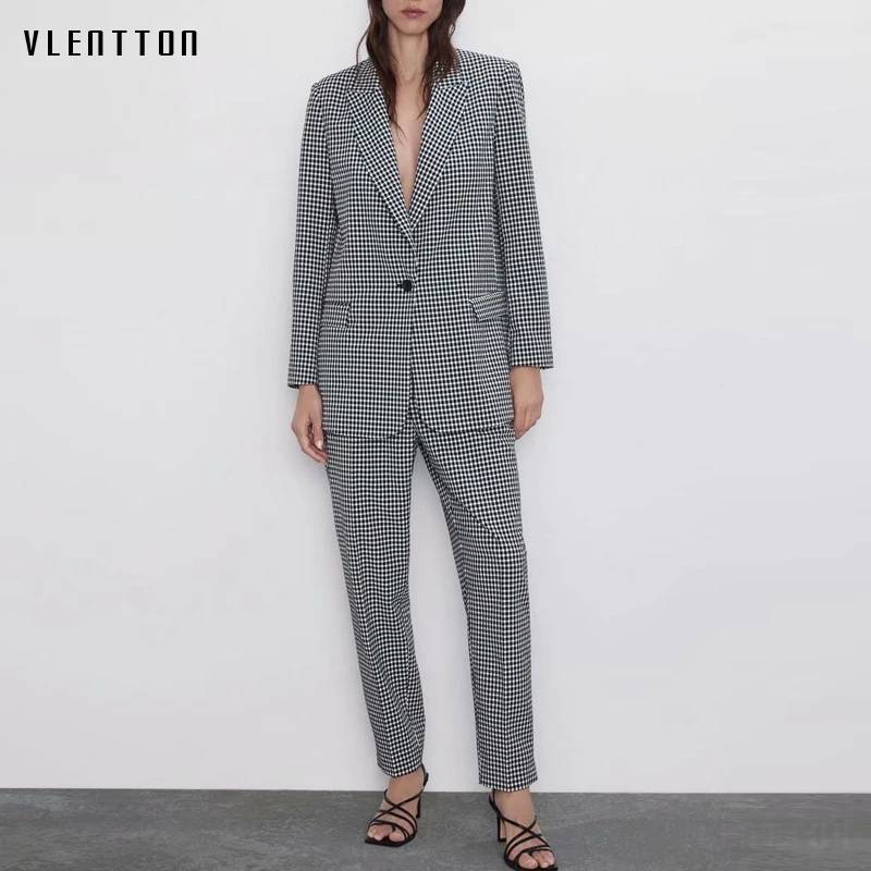 Женский офисный костюм из блейзера и брюк повседневный клетчатый двух предметов