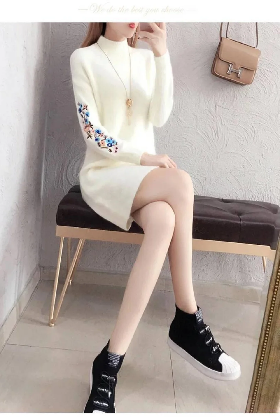 white TYJTJY Faldas Mujer Moda осенние и зимние модные платья скидки платье имитация свитера платье с длинным рукавом теплое платье - Цвет: white