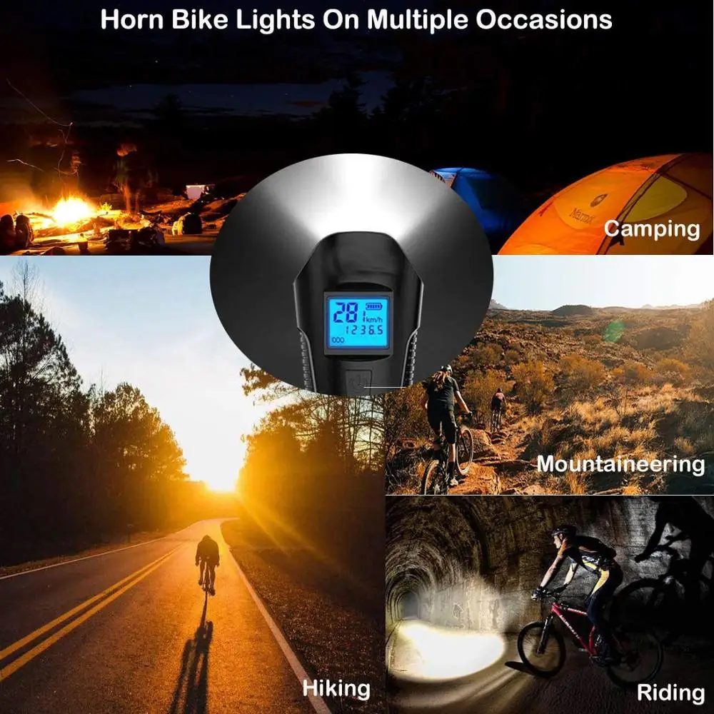 

LED Bicycle Bell Lights USB Rechargeable Bicycle LCD Speedometer Headlight Odometer Waterproof Head Front Lights Flashlight