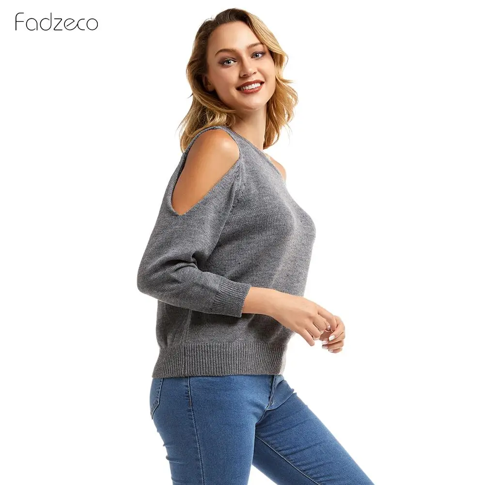 FADZECO 2019 Autumn Winter Women's Knitted Sweater Off Shoulder Pullovers Long Sleeve Female Jumper Gray Sexy Clothes | Женская