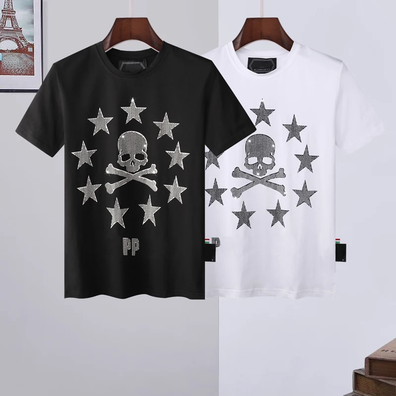 

PP SKULL Brand Fashion Men Short Sleeve 3D Printing Street Hip-Hop Style Men Plein Tshirt Black Tops Skull Sportswear Maglietta