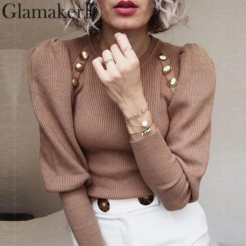 Женский трикотажный пуловер на пуговицах Glamaker элегантный офисный цвета хаки с