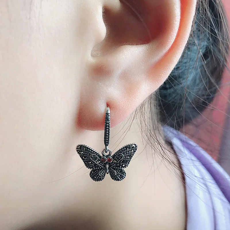 Серьги бабочки FNJ из серебра 925 пробы с красным камнем|Серьги-подвески| |