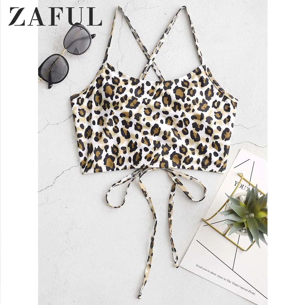 Женский купальник-бикини ZAFUL Леопардовый топ на шнуровке с перекрещивающимися
