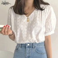 summer new short sleeve hollow out blouse women pullover white ladies tops clothing office lady v neck floral women shirt 9595